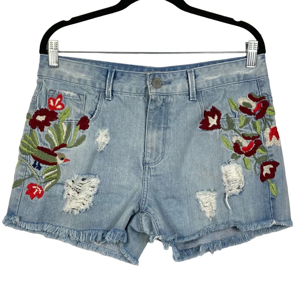 NWOT SHOULDER Shorts 40 3” Inseam High Rise Floral Embroidery Distressed Blue